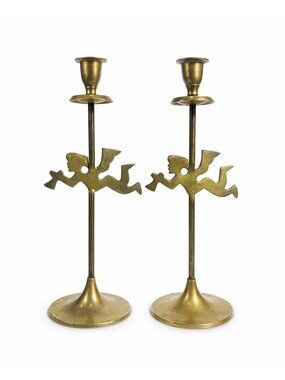 Solid Brass Taper Candle Holders Churub Angel Flying Trumpets Set 2 Pair Vintage